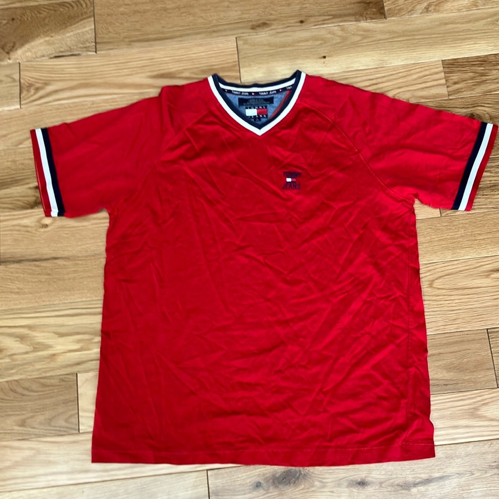 Like new Tommy jeans red tee, dolman cut sleeves. Sporty varsity trim,size Large